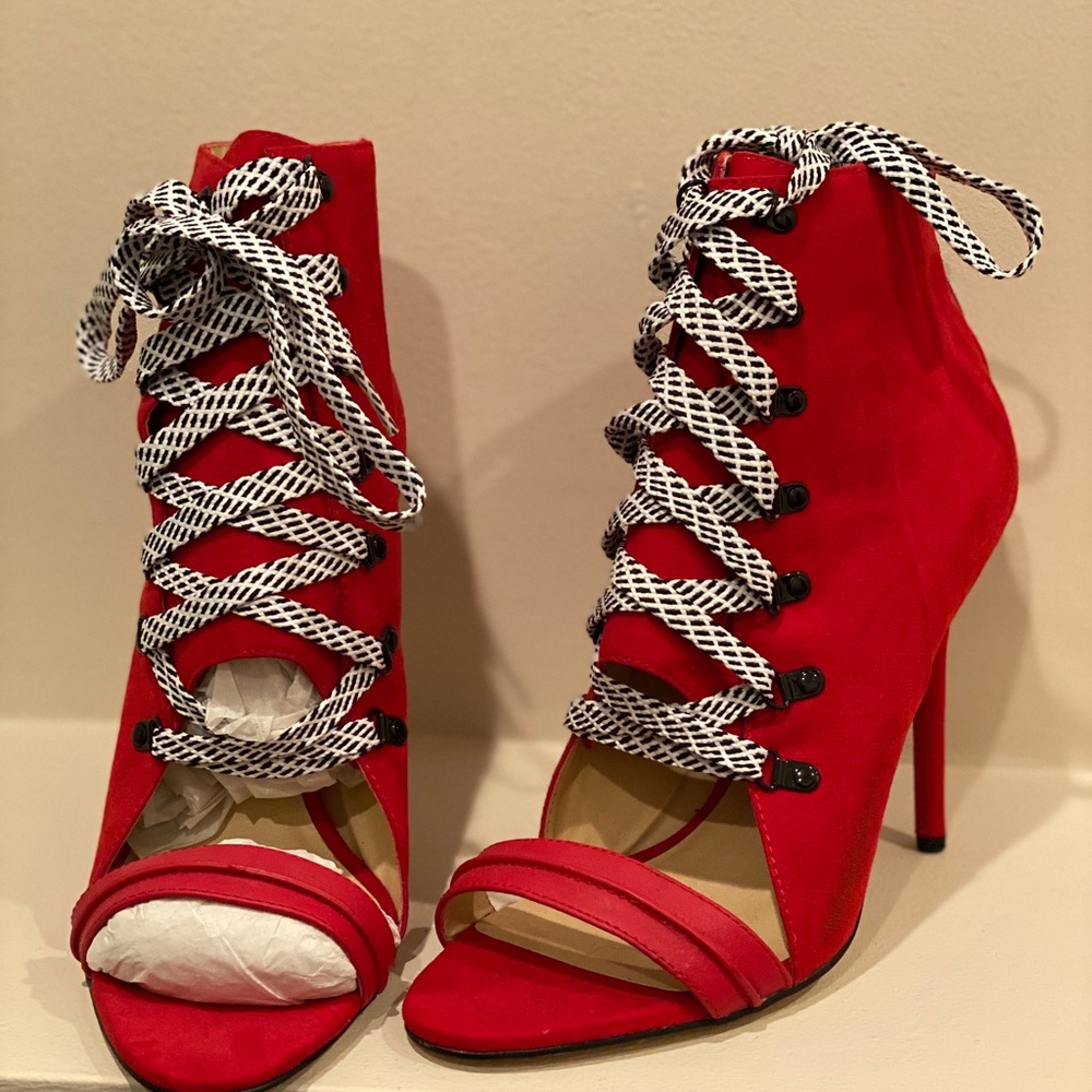 Red Lace Up Suede Peep Toe Heels